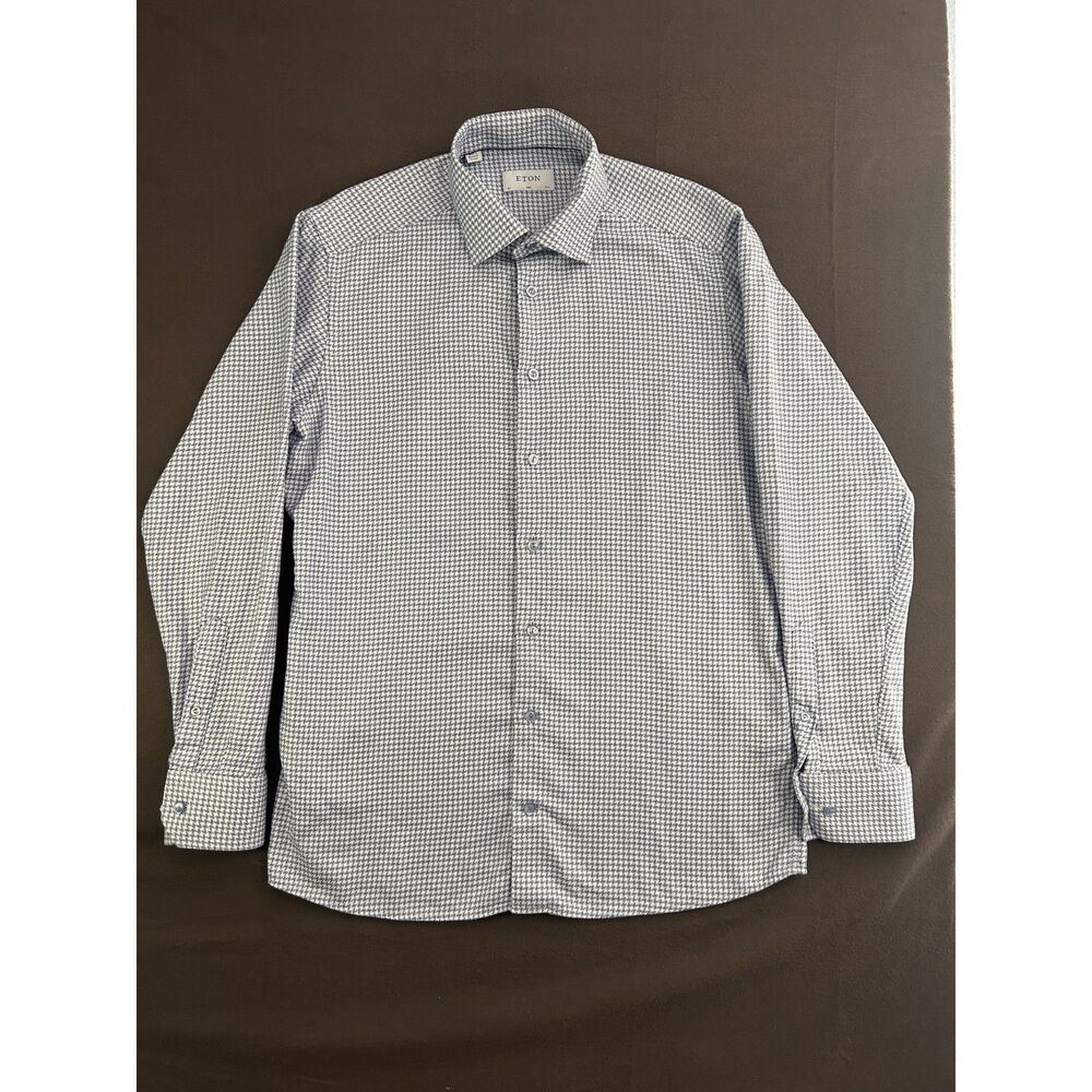 ETON Mens Dress Shirt Large Slim Fit Blue White Houndstooth Cotton Preppy Luxury